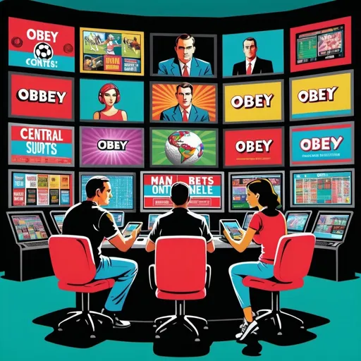 Prompt: (central content: man, woman, and child), surrounded by screens displaying news, movies, sports, gambling, bet on sports, only sports matters,government propaganda, OBEY signs, sports betting, golfing, online sports betting, sports, golf(vivid colors, high saturation, pop art), focused intently on a smartphone and tablet, OBEY!, Sheeple,Don't question authority (surreal ambiance), slaves, (4K, ultra-detailed).