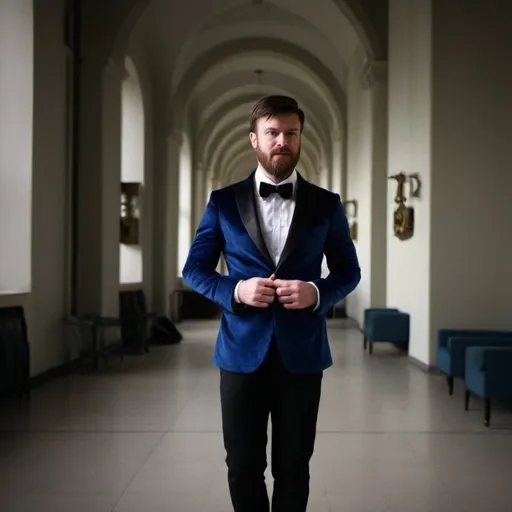 Prompt: Charismatic and mysterious man in stylish blue velvet tailored dinner jacket he has a powerful, intense and mesmerizing gaze, hypnotic piercing eyes, subtle occult symbolism, cult leader, Messianic symbolism, inviting you into secret society, hidden knowledge 