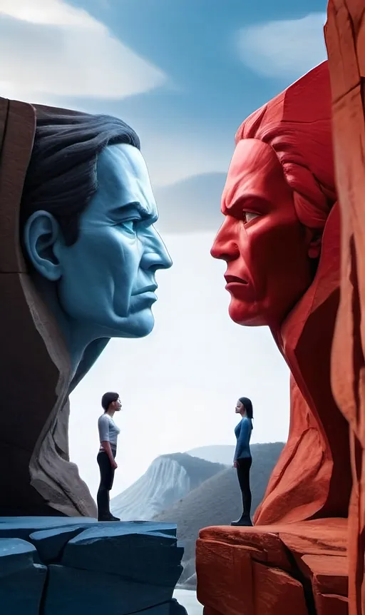 Prompt: (Illustration of two people standing on a cliff), (intense white sky background), (left side cliff monotone carved blue angry male face ), (right side cliff monotone carved red angry female face), (anger emotion conveyed), dramatic lighting, stark contrasts, anger and frustration,  pose, intense, unsettling, high quality, ultra-detailed, visually striking composition.