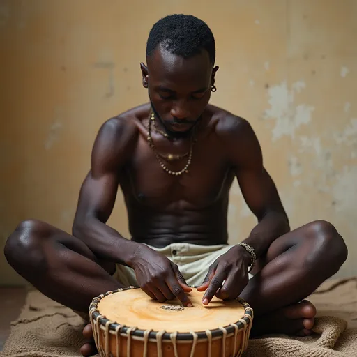 Prompt: An african man without s shit and tieing only a wrapper sitting on an african drom whilst playing it with bare hands.