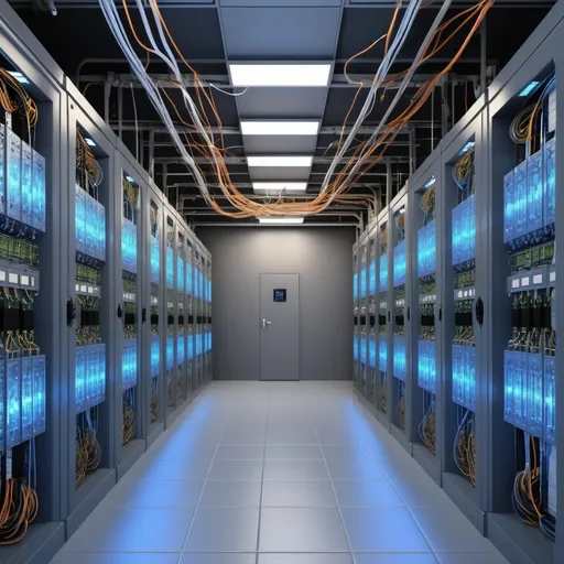 Prompt: Generate for me an image of the fiber optic internet substation. It should be a separate room. Server room