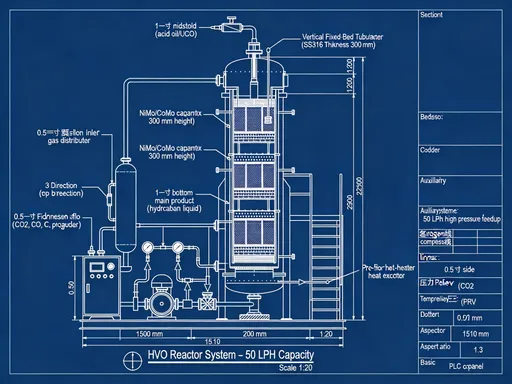 Prompt: Create a highly detailed engineering blueprint of a small-scale Hydrotreated Vegetable Oil (HVO) reactor system with a processing capacity of 50 liters per hour (50 LPH). The drawing must be in professional mechanical blueprint style (white lines on dark blue background), with precise dimensions, annotations, and labeled components.
Include the following technical specifications and layout:
REACTOR VESSEL:
- Type: Vertical fixed-bed tubular reactor
- Material: SS316 stainless steel
- Height: 2200 mm
- Inner Diameter: 300 mm
- Wall Thickness: 12 mm
- Design Pressure: 60 bar
- Operating Pressure: 40–50 bar
- Design Temperature: 450°C
- Operating Temperature: 320–380°C
INTERNAL CONFIGURATION:
- 3 catalyst beds (NiMo/CoMo catalyst)
- Each bed height: 300 mm
- Catalyst support grids between beds
- Thermocouple probes at each bed level (3 points)
- Internal distributor for uniform flow
INLETS:
- Feedstock inlet (acid oil/UCO): 1-inch pipe, top entry
- Hydrogen inlet: 0.5-inch pipe with gas distributor
- Flow direction: Top to bottom
OUTLETS:
- Main product outlet (hydrocarbon liquid): 1-inch bottom outlet
- Gas outlet (CO2, CO, propane): 0.5-inch side outlet (top section)
- Water drain outlet: 0.5-inch bottom drain
SUPPORT STRUCTURE:
- Mounted on steel skid frame: 1500 mm × 1500 mm
- Platform height: 800 mm
- Ladder and safety railing included
AUXILIARY SYSTEMS:
- Heat exchanger (pre-heater) before reactor
- High-pressure feed pump (50 LPH capacity)
- Hydrogen compressor line
- Pressure relief valve (PRV)
- Temperature and pressure gauges
- Control panel (basic PLC system)
PIPING:
- Show complete piping layout with flow arrows
- Use industrial piping standards (ANSI)
- Include valves (gate, check valves)
ANNOTATIONS:
- All dimensions in millimeters (mm)
- Label each component clearly
- Include section view (cutaway) of reactor showing catalyst beds
- Add title block:
"HVO Reactor System – 50 LPH Capacity"
Scale: 1:20
Units: Metric