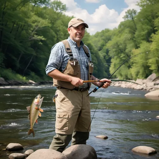 Prompt: Create a photo realistic image of me using the photo of me fly fishing on the cuyahoga river