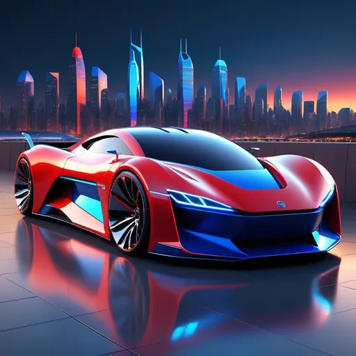 Prompt: Sport car with a unique, futuristic design, sleek lines and aerodynamic shape, vibrant color accents such as bright red and electric blue, ultra-detailed bodywork, set against an expansive city skyline, cool evening atmosphere, dramatic lighting, reflecting surfaces, high-quality finish, HD, perfect for a car enthusiast's collection.