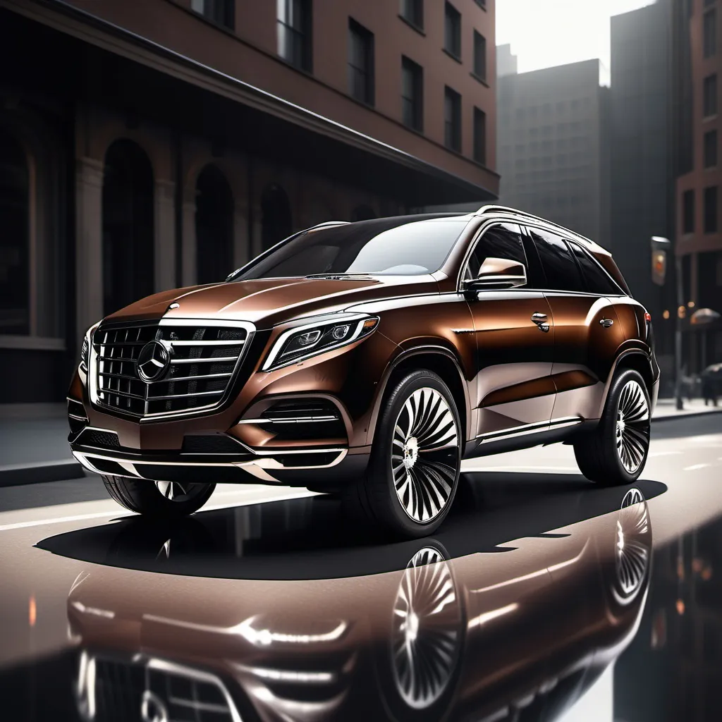 Prompt: luxury SUV, sleek and modern design, shiny metallic finish, dynamic contours, studio lighting, urban setting, glossy reflections on the surface, high-end detailing, striking and sophisticated color palette, rich dark tones contrasted with shimmering highlights, captivating and impressive ambiance, ultra-detailed, photorealistic quality, emphasizing a sense of prestige and elegance.