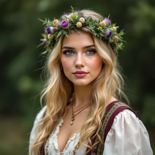 Prompt: traditional blonde hair scottish woman wearing traditional scottish clothing, wearing thistle flower crown, full body picture