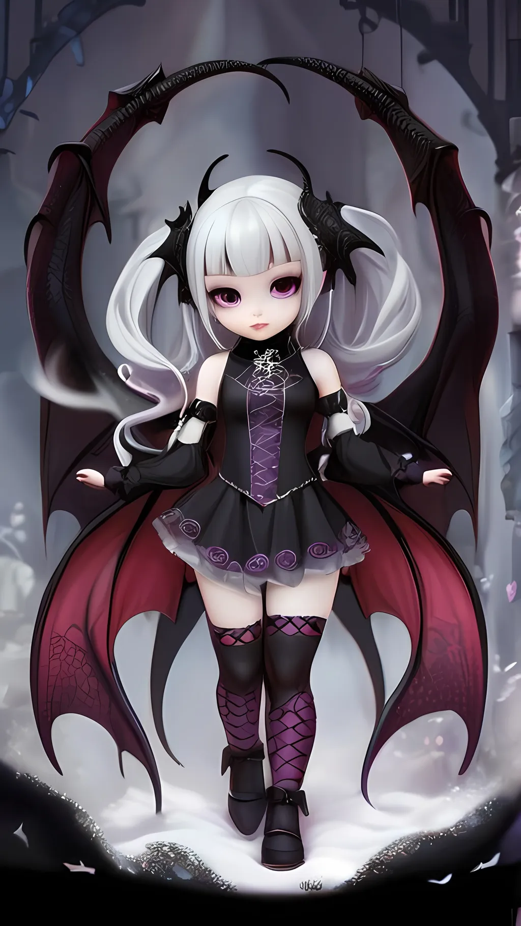 Prompt: Gothic, mystic backdrop, dragon girl humanoid, little girl, short dress, curvy legs, popular.