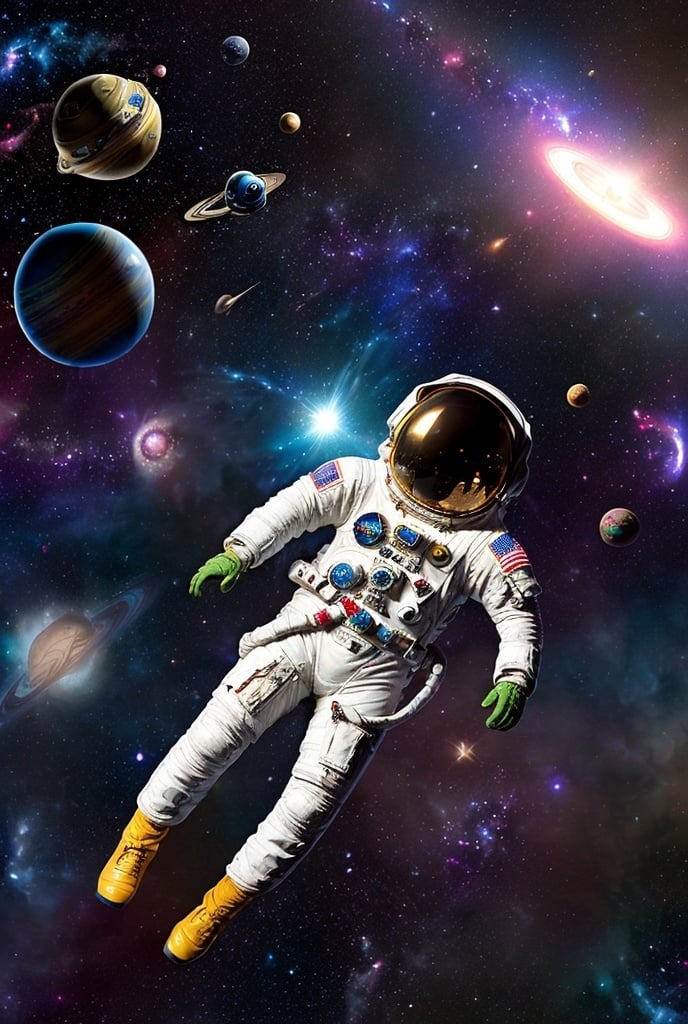 Prompt: An Astronaut full of bright color stains on his suite and helmet, floating in space, with allot of galaxy's, and bright neon-colored planets,