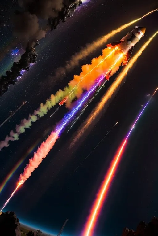 Prompt: A fantasy Rocket launched to space,
the engines blasting neon color fire and smoke, leaving a rainbow trail behind him, flying into space,   