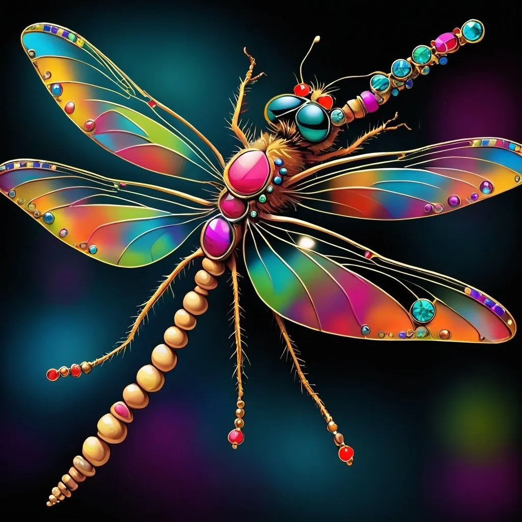 Prompt: An 80's funky dragonfly.
With a lot of color and a lot of jewelry on.  