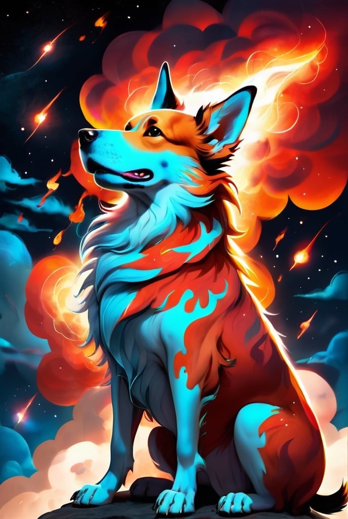 Prompt: create an anatomical perfect dog, with clouds and fire as fur, looking up to endless universe at night, sitting on a thunder cloud,