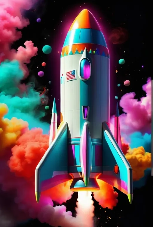 Prompt: create a fantasy rocket, on his way to the moon, with the number 11 on his side, with smoke full of neon colors