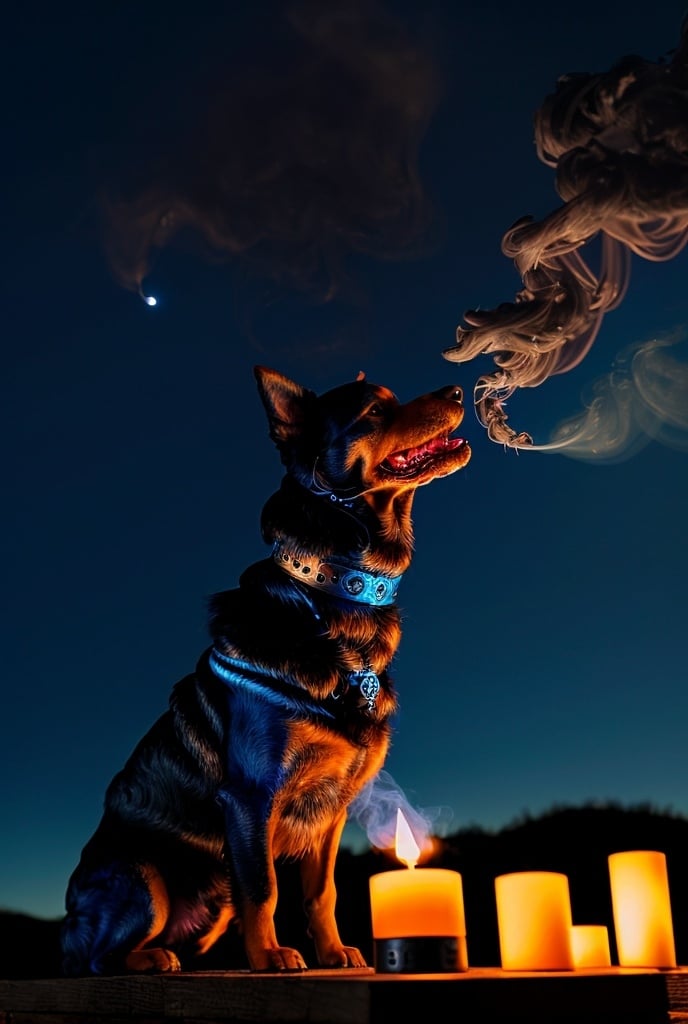 Prompt: A dog combined with a Fenix, with smoke as fur, and deep blue Fethers, looking up to the night sky, sitting on a altar, 