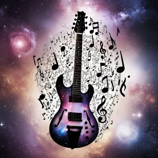 Prompt: A galaxy full music notes and instruments and see thru Fotos of dead Music artists.