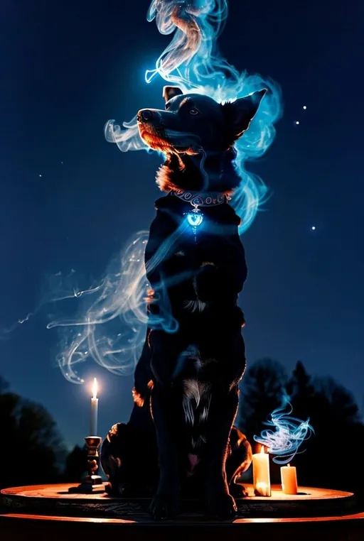 Prompt: A dog combined with a Fenix, with smoke as fur, and deep blue Fethers, looking up to the night sky, sitting on a altar, 
