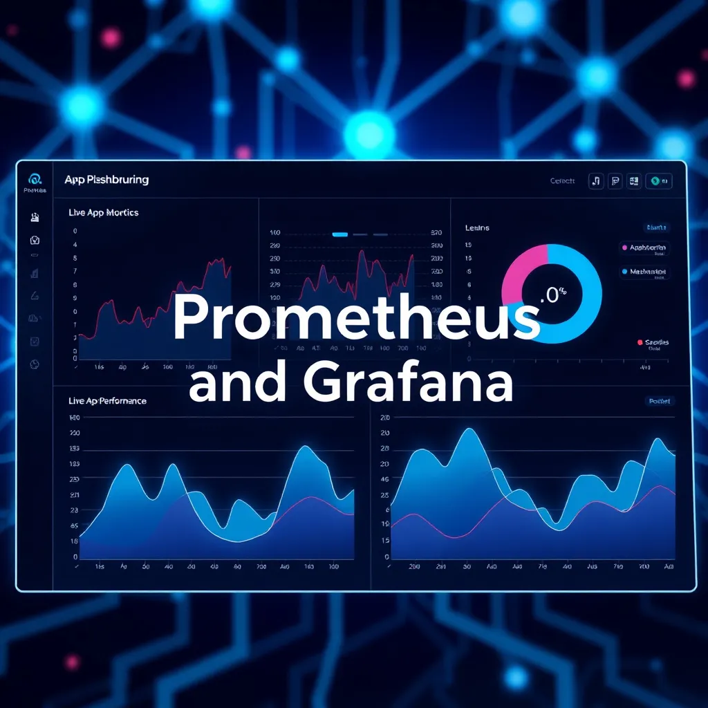 Prompt: “Illustration of a modern app dashboard, with sleek graphs and charts representing live app performance. In the center, the words ‘Prometheus and Grafana’ are displayed in bold, futuristic font. The background shows a glowing digital network, symbolizing app monitoring