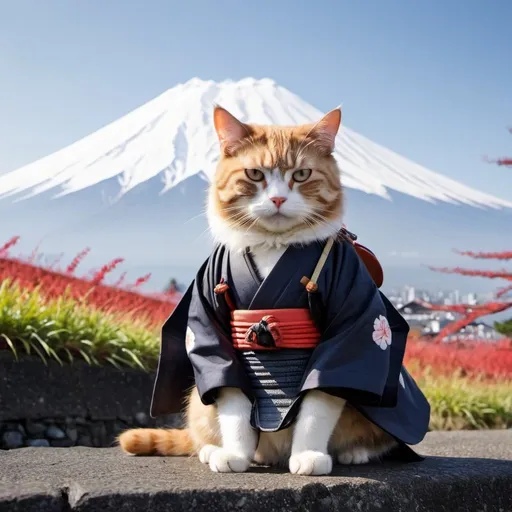 Prompt: cat samurai near Fuji mountain