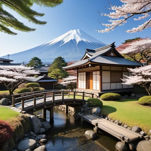 Prompt: Tea house: Traditional Japanese style with a wooden structure, thatched roof, and sliding doors.
Meadow in the mountains: Green grass and blooming trees, creating a cozy space around the house.
Small stream: Flowing next to the tea house, with a small bridge.
Garden: Stones, shrubs, a fountain or a small pond, traditional Japanese elements.
Mount Fuji: Majestically rising in the background, covered with snow.