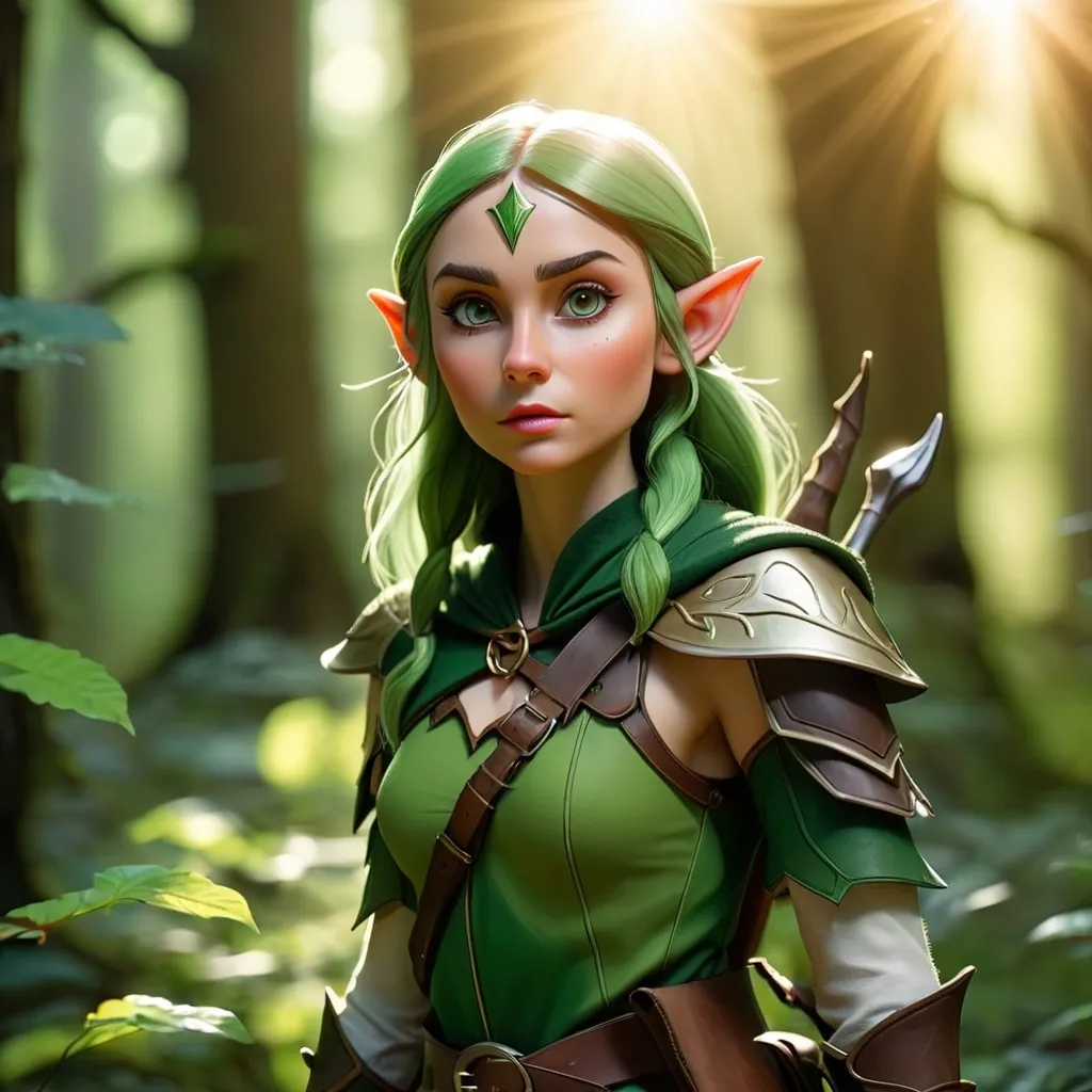 Prompt: Elf ranger in a mystical forest around sunlight