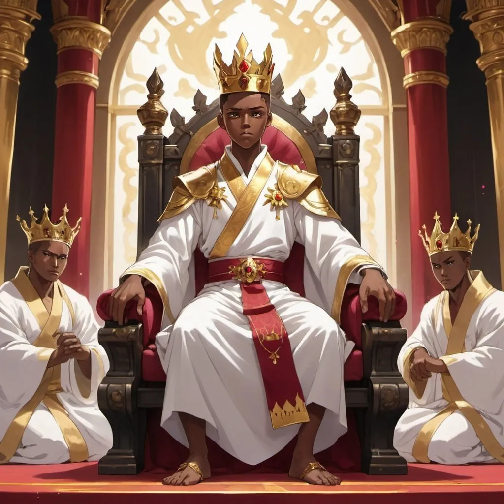 Prompt: anime character, black boy, brown skin short hair, bright gold aura, gold and ruby crown, seated on a throne in a white robe, palace background, executioners at both sides of the throne protecting him