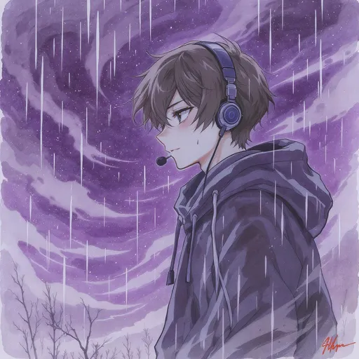 Prompt: Cold Anime Boy Brown Hair headset on head in a hoodie with a purple sky in the background with rain
