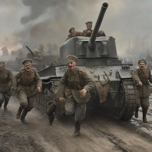 Prompt: German Tanks and Bloody Zombie Germans come Running to the Russian City of Moscow In WW1