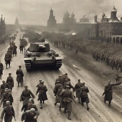 Prompt: German Tanks and Bloody Zombie Germans come Running to the Russian City of Moscow In WW1