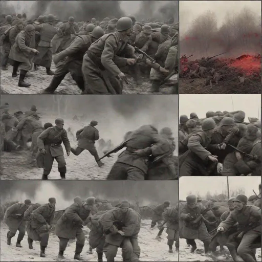 Prompt: Bodies of Russian Soldiers coughing up their lungs and blood and the Germany are coming but one Bloody Russian comes up and Stabs a German in the Head and they all come up and they start attacking the Germans this is Bloody and Tanks come and more soldiers but they all run away thinking the Russians are zombies
