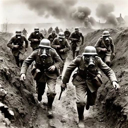 Prompt: French troops come over the Trench and they are running with gas masks to the Germans in their trench with the sky is gloomy and there is gas all around and dead bodies and bloody people and blood
