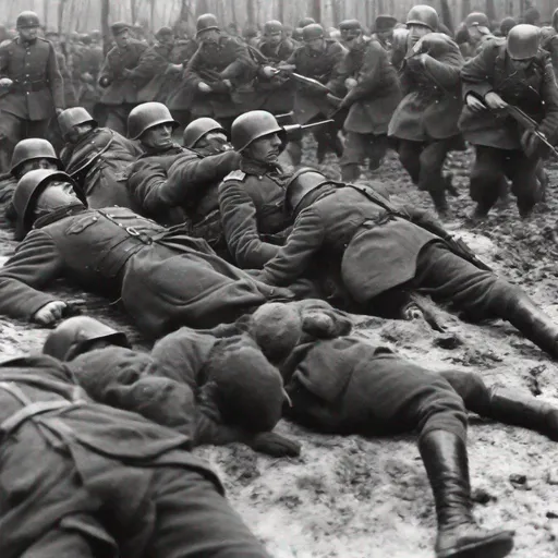 Prompt: Bodies of Russian Soldiers coughing uh their lungs and blood and the Germany are coming but one Bloody Russian comes up and Stabs a German in the Head and they all come up and they start attacking the Germans this is Bloody and Tanks come and more soldiers but they all run away thinking the Russians are zombies
