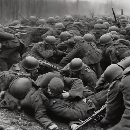 Prompt: Bodies of Russian Soldiers coughing uh their lungs and blood and the Germany are coming but one Bloody Russian comes up and Stabs a German in the Head and they all come up and they start attacking the Germans this is Bloody and Tanks come and more soldiers but they all run away thinking the Russians are zombies
