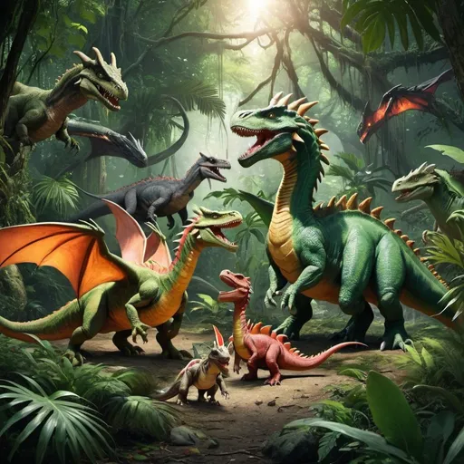 Prompt: Dragons and dinosaurs in a jungle          