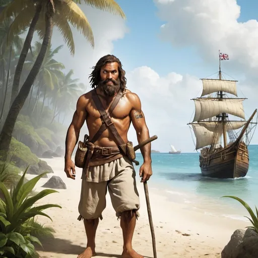 Prompt: Create a poster for a book Robinson Crusoe but the title is : Surviving in England 
The tagline is: 