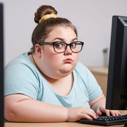 Prompt: overweight girl with a bun hairstyle and crossed eyes with glasses playing a computer game