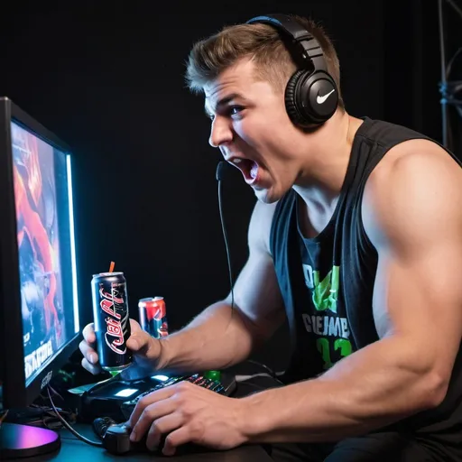 Prompt: A buff male named Jordan playing a computer game on a streamer setup with cans of energy drinks on the side screaming in his mic
