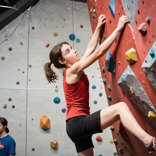 Prompt: Teenage girl with brown hair and a red top winning an indoor bouldering sports climbing competition.