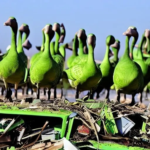 Prompt: a gaggle of green geese in a junk yard 