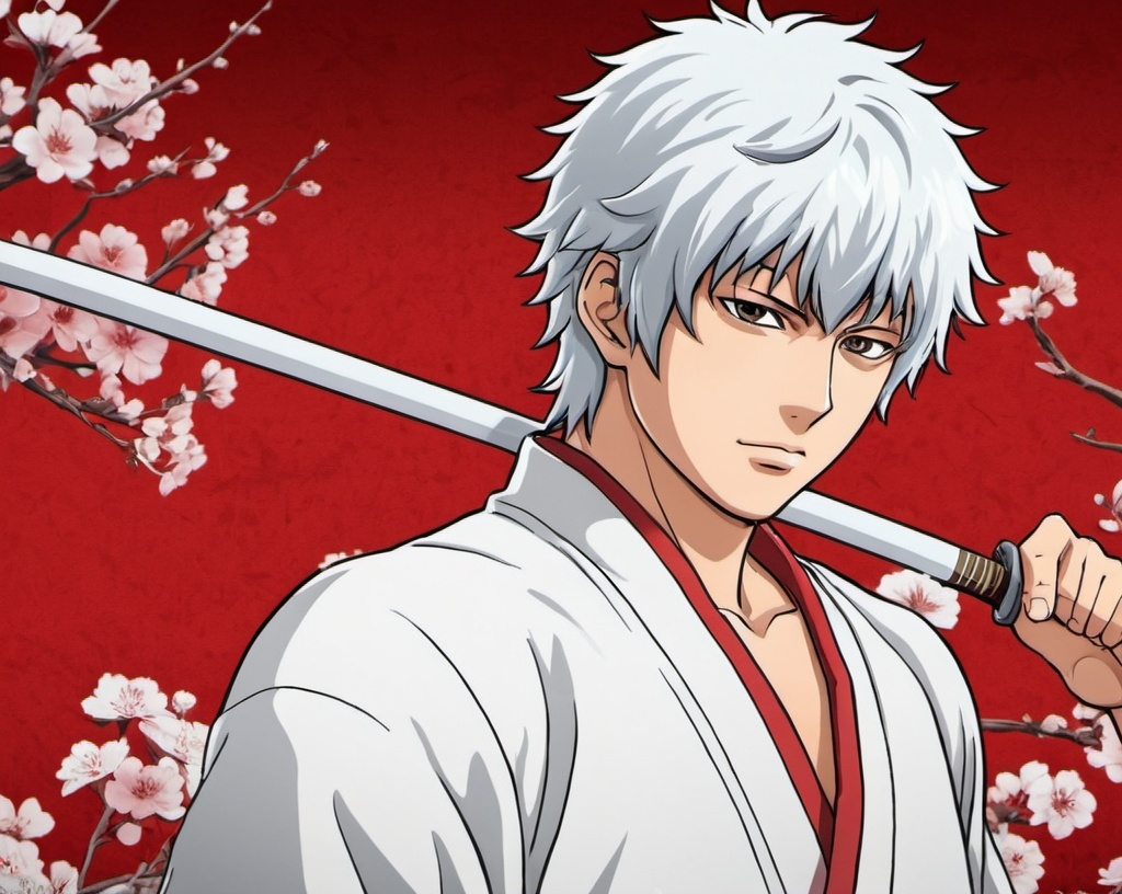 Prompt: gintoki sakata red white anime background 