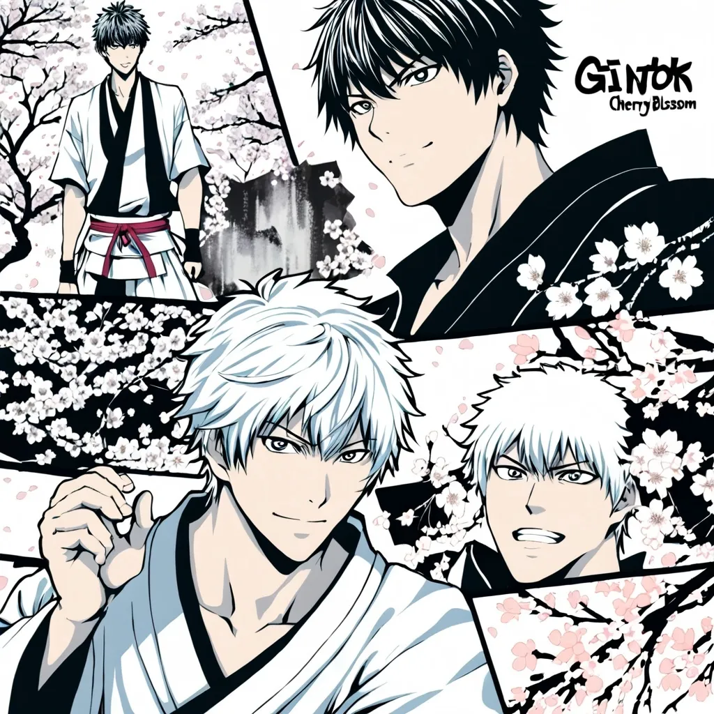 Prompt: gintoki sakata cherry blossom dark white collage