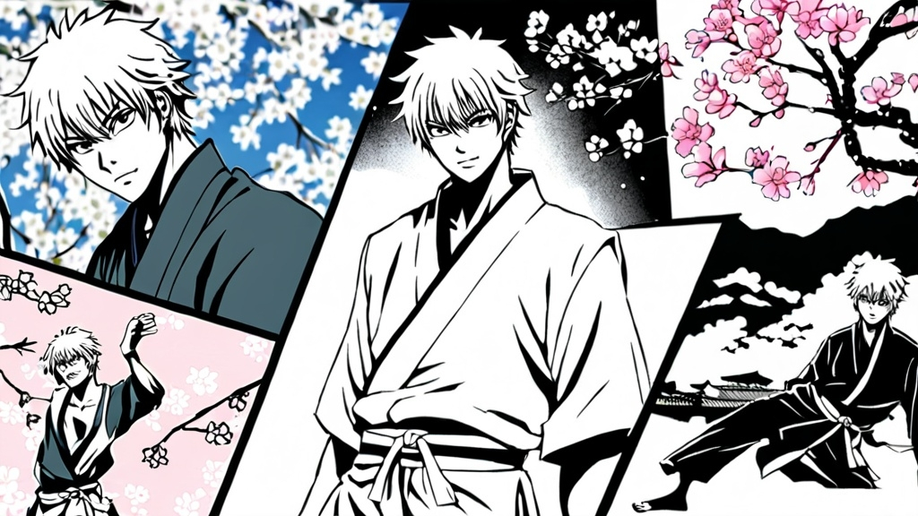 Prompt: gintoki sakata cherry blossom dark white collage