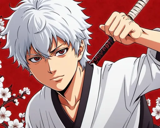 Prompt: gintoki sakata red white anime background 