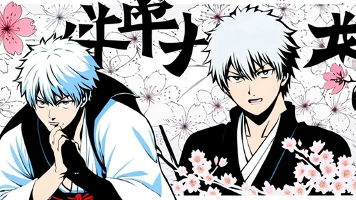 Prompt: gintoki sakata cherry blossom dark white collage