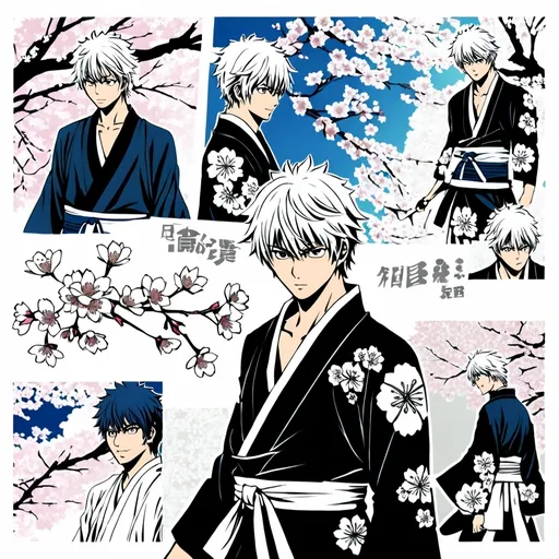 Prompt: gintoki sakata cherry blossom dark white collage