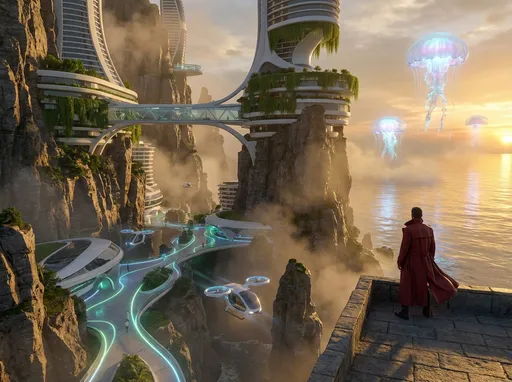 Prompt: A futuristic coastal city built on towering cliffs at sunset, with glass skybridges connecting sleek white buildings covered in hanging gardens. Bioluminescent plants glow softly along the pathways, and small floating air taxis move between structures. In the foreground, a person in a flowing red coat stands at the edge of the cliff looking out over the ocean, where massive glowing jellyfish drift above the water like airships. Ultra-detailed, cinematic lighting, golden hour, volumetric fog, 8k resolution, highly realistic, dramatic perspective, depth of field.