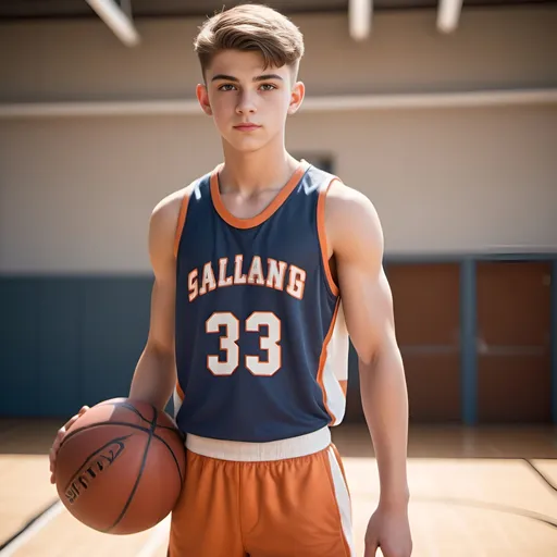 Prompt: Realistic teenage boy with muscular build, shaved body hair, wearing basketball jersey and tight shorts, cute face, natural lighting, non-vibrant colors, high quality, realistic, athletic, cute face, natural lighting, non-vibrant colors