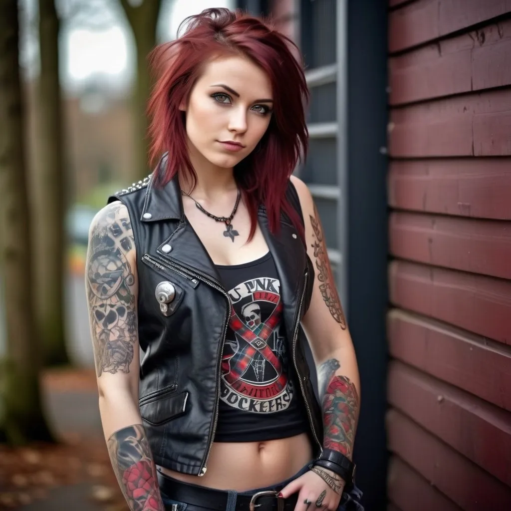 Prompt: an attractive beautiful woman in her early twenties with shoulder length wavy deep red coloured hairslim body, natural beauty, dark hazel coloured eyes high detailed flawless skin, UHD, HDR, 

Wearing a punk rockers vest and tight tartan jeans with dr Martin boots, sleeve tattoo on her left arm