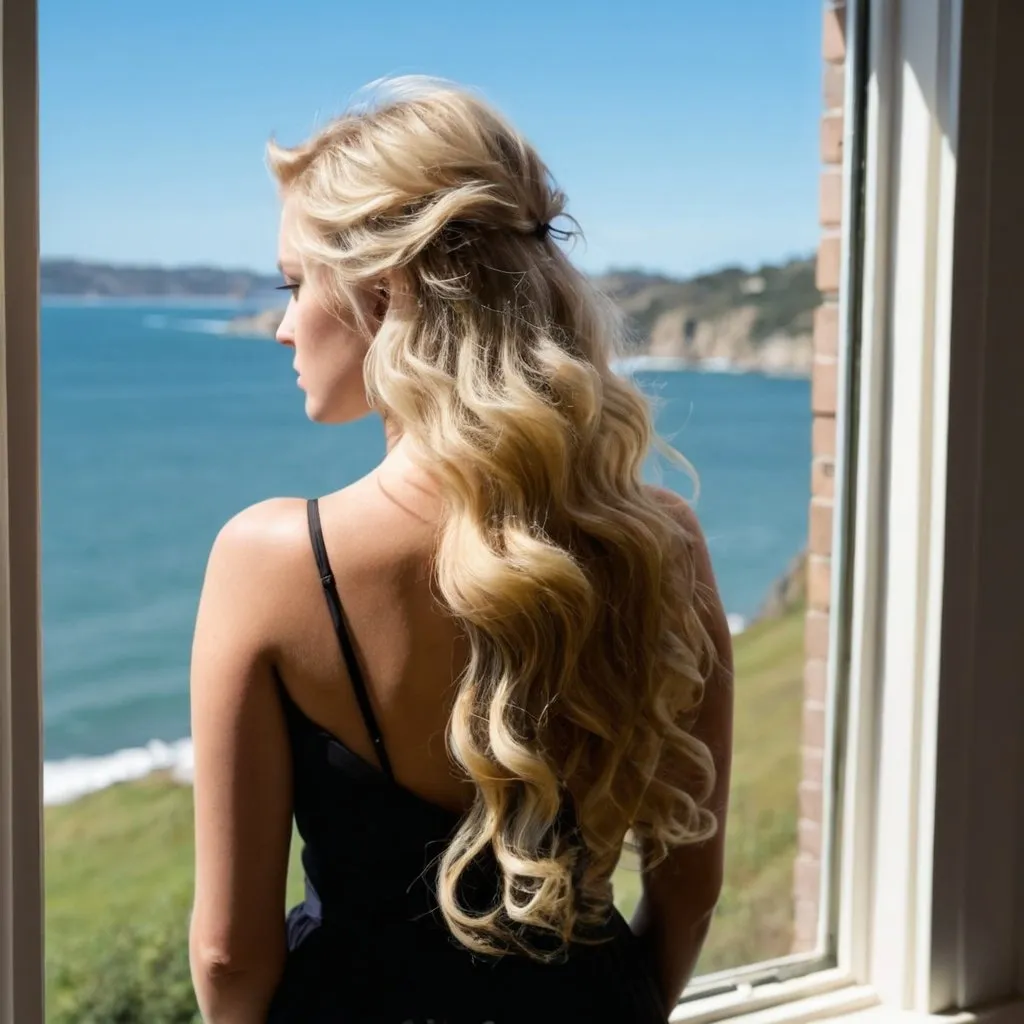 Prompt: Image taken from behind an attrative woman with wavy blonde hair as she gazes out a large bay window of a scenic view