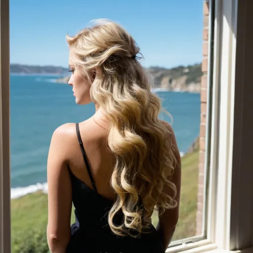 Prompt: Image taken from behind an attrative woman with wavy blonde hair as she gazes out a large bay window of a scenic view