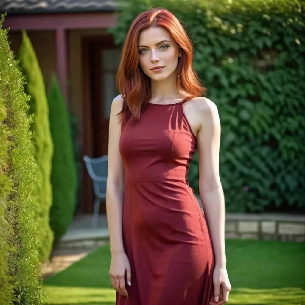 Prompt: an attractive beautiful woman in her early twenties with shoulder length straight deep red coloured hairwavy, slim body, natural beauty, dark hazel coloured eyes high detailed flawless skin, UHD, HDR, 

Portrait shot of wearing a long summer dress and heels in a garden estate 