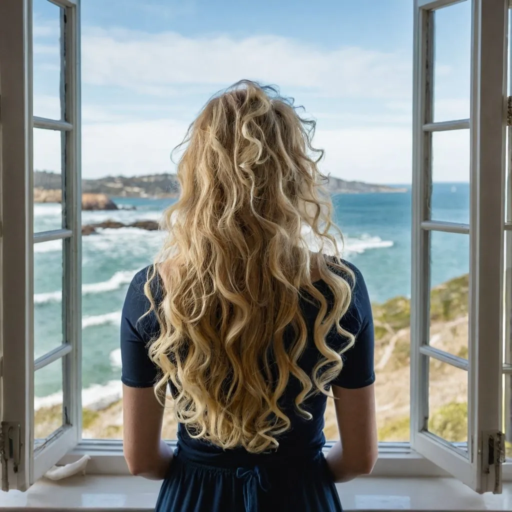 Prompt: Image taken from behind an attrative woman with wavy blonde hair as she gazes out a large bay window of a scenic view